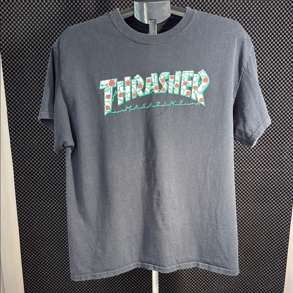 Thrasher Magazine Black Tee with Floral Graphic